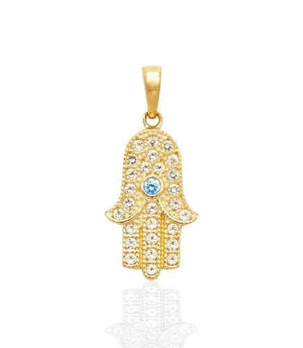 Hamsa Hand Evil Eye Charm Pendant, Simulated CZ Crystal 14k Yellow Gold